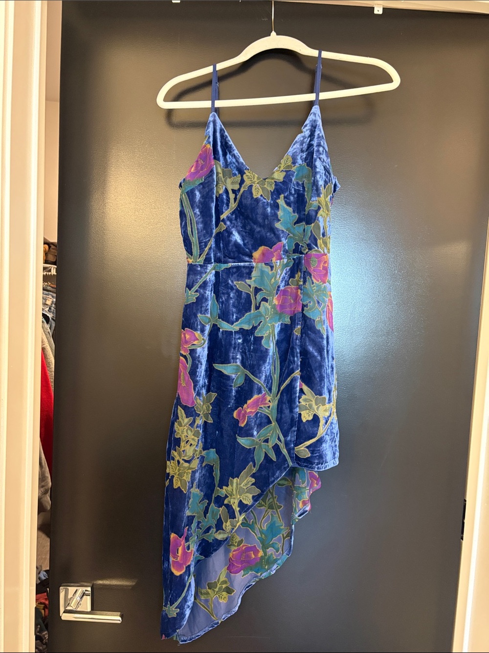 Lulu's Blue Velvet Floral Asymmetrical Slip Dress with Pink & Green Accents